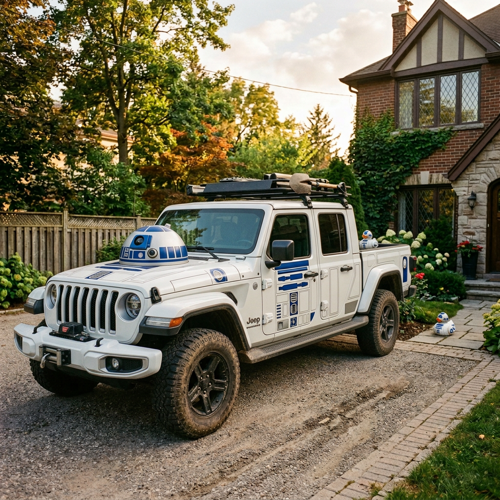 Olive-green Jeep with roof gear and rubber ducks parked outside a house